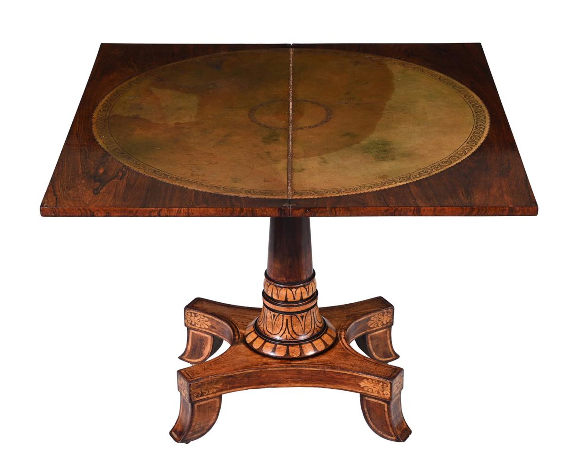 Y A REGENCY ROSEWOOD, SIMULATED ROSEWOOD AND PENWORK DECORATED FOLDING TABLE, CIRCA 1820 - Bild 4 aus 5