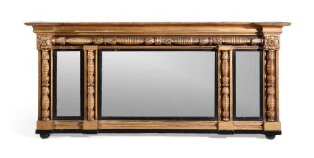 A REGENCY CARVED GILTWOOD, GESSO AND EBONISED TRIPTYCH OVERMANTLE MIRROR, CIRCA 1820