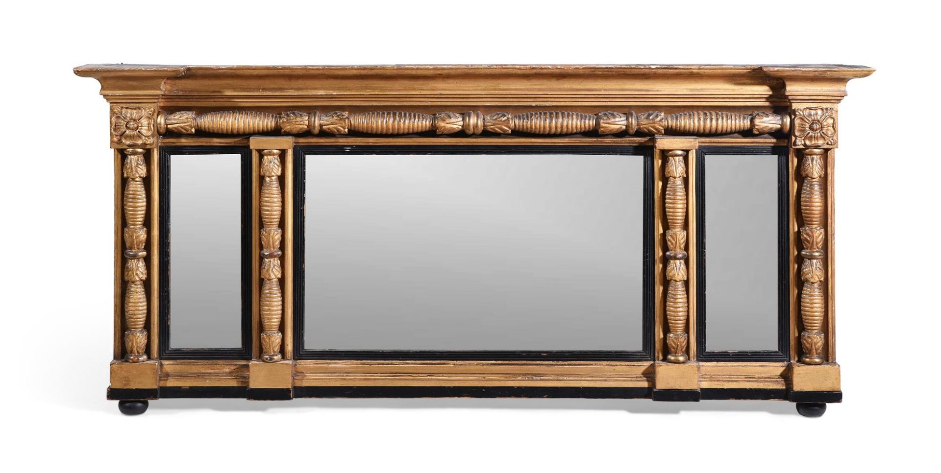 A REGENCY CARVED GILTWOOD, GESSO AND EBONISED TRIPTYCH OVERMANTLE MIRROR, CIRCA 1820