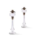 A PAIR OF VICTORIAN MOULDED GLASS AND GILT METAL OIL LAMPS, SECOND HALF 19TH CENTURY