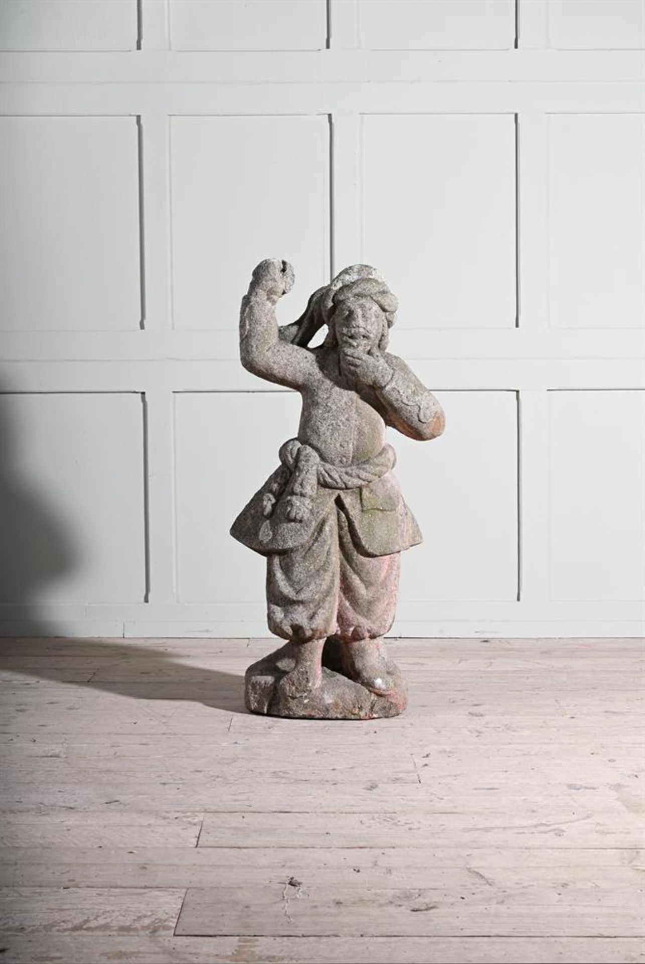 A LARGE CARVED GRIT STONE FIGURE OF A TURKISH WARRIOR, LOW COUNTRIES, MID 18TH CENTURY