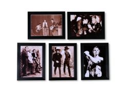 A GROUP OF FIVE ROCK AND ROLL MEMORABILIA FRAMED PHOTOGRAPHS OF RECENT MANUFACTURE