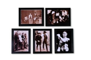 A GROUP OF FIVE ROCK AND ROLL MEMORABILIA FRAMED PHOTOGRAPHS OF RECENT MANUFACTURE