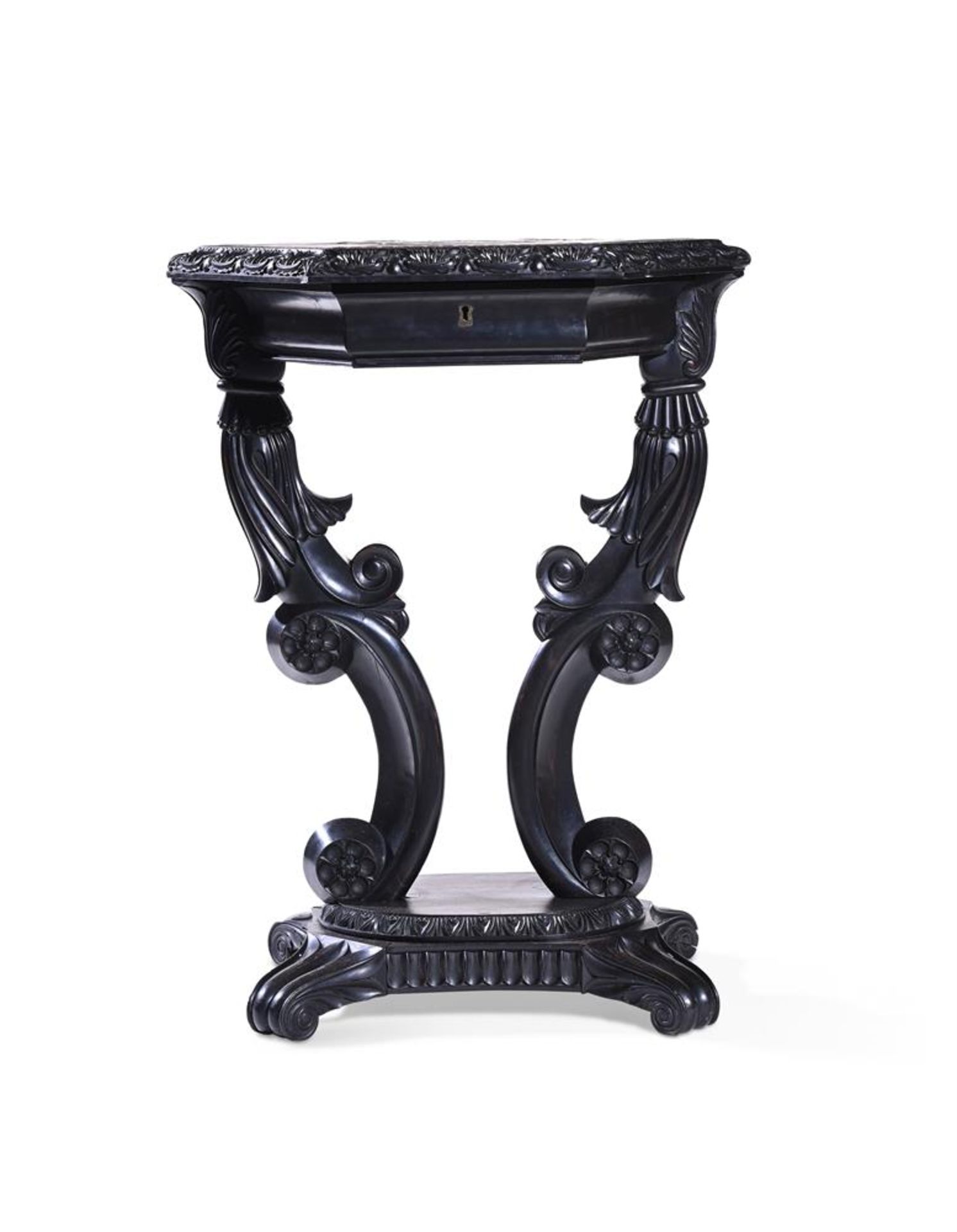 Y A CEYLONESE CARVED EBONY, SPECIMEN WOOD AND IVORY INLAID OCCASIONAL TABLE, CIRCA 1835 - Bild 4 aus 5