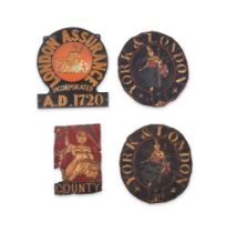 A GROUP OF FOUR PAINTED METAL INSURANCE PLAQUES 19TH AND 20TH CENTURY