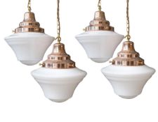 A SET OF FOUR 'THE DRAUGHTSMAN' POLISHED COPPER AND OPALINE GLASS PENDANT LIGHTS, BY DREW PRITCHARD