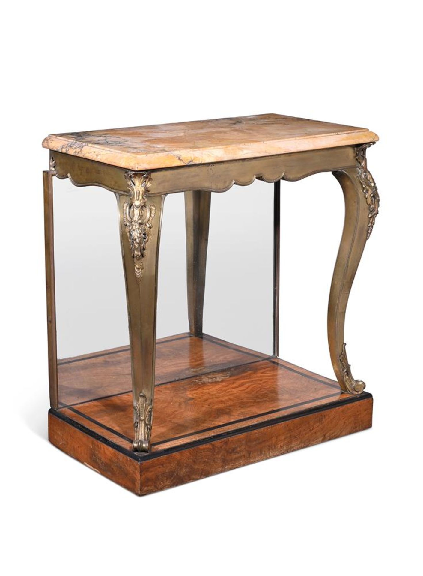 Y A GEORGE IV GILT BRASS POLLARD OAK AND MARBLE MOUNTED CONSOLE TABLE, CIRCA 1825T