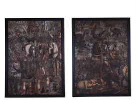 A VERY LARGE AND IMPRESSIVE PAIR OF PAINTED LEATHER PANELS, POSSIBLY DEPICTING THE 'BATTLE OF CANNAE