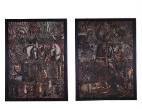 A VERY LARGE AND IMPRESSIVE PAIR OF PAINTED LEATHER PANELS, POSSIBLY DEPICTING THE 'BATTLE OF CANNAE