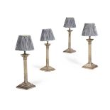 A SET OF FOUR SILVER PLATED CORINTHIAN COLUMN TABLE LAMPS, EARLY 20TH CENTURY