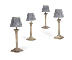 A SET OF FOUR SILVER PLATED CORINTHIAN COLUMN TABLE LAMPS, EARLY 20TH CENTURY