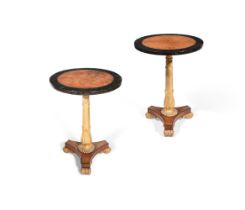 Y A PAIR OF REGENCY AMBOYNA, EBONY, BRASS STRUNG AND PARCEL GILT OCCASIONAL TABLES, CIRCA 1820