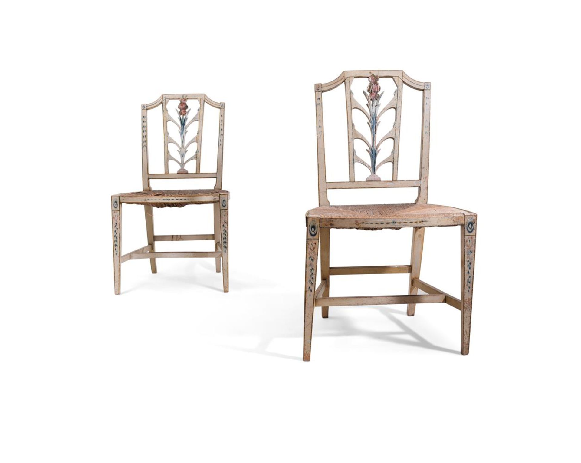 A PAIR OF GEORGE III CREAM AND POLYCHROME PAINTED SIDE CHAIRS, ATTRIBUTED TO GILLOWS, CIRCA 1790