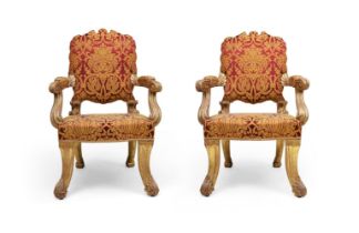 A PAIR OF GEORGE IV CARVED GILTWOOD AND UPHOLSTERED ARMCHAIRS, POSSIBLY BY GILLOWS, CIRCA 1825