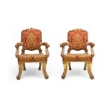 A PAIR OF GEORGE IV CARVED GILTWOOD AND UPHOLSTERED ARMCHAIRS, POSSIBLY BY GILLOWS, CIRCA 1825