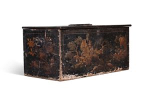 A BLACK LACQUER AND GILT JAPANNED CHEST, CIRCA 1730 AND LATER