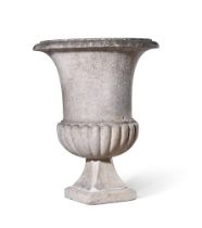 A CARRARA MARBLE URN, 19TH CENTURY WITH LATER BASE