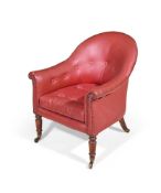 A WILLIAM IV BEECH, SIMULATED ROSEWOOD AND LEATHER UPHOLSTERED TUB ARMCHAIR, CIRCA 1835