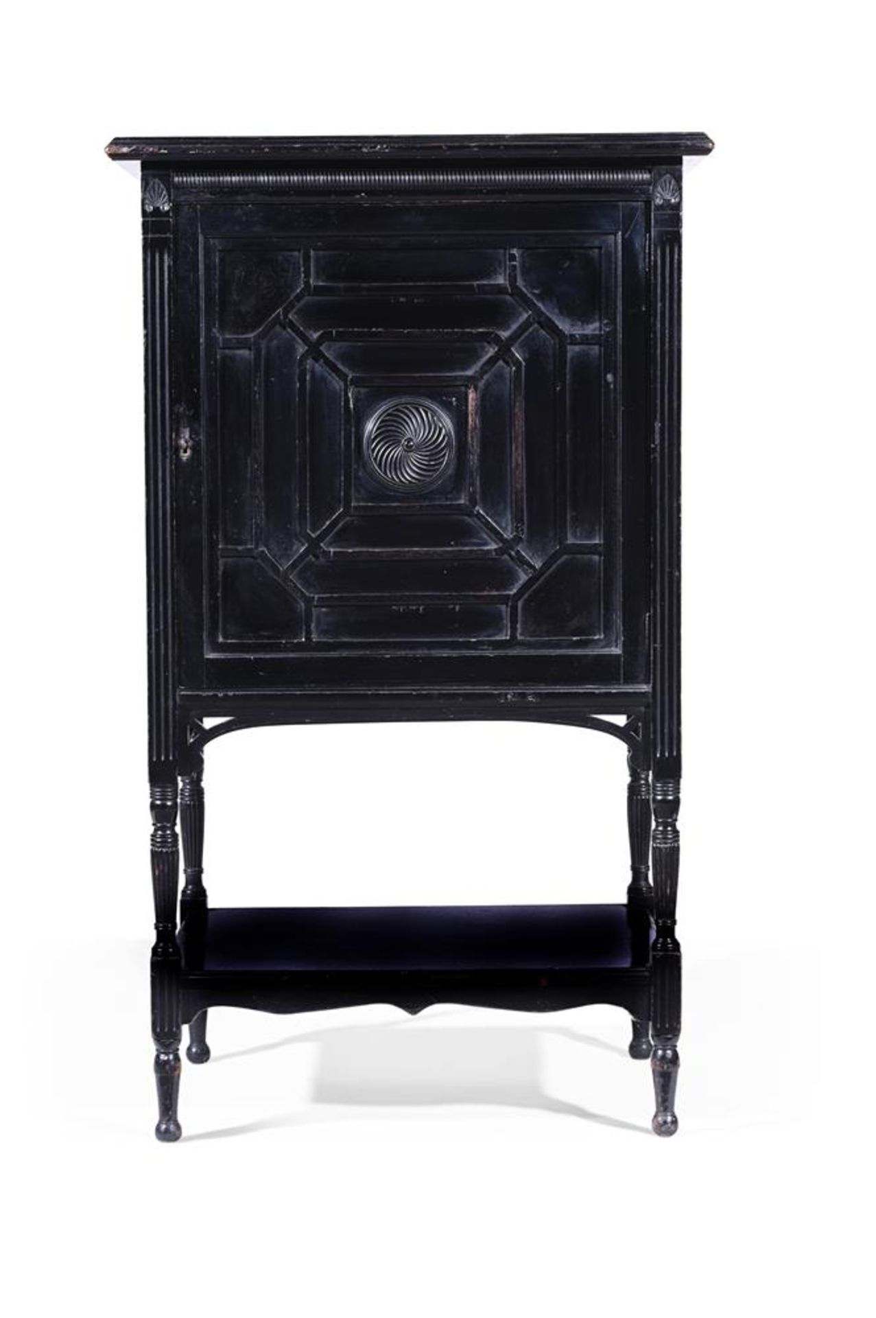 AN AESTHETIC MOVEMENT CARVED AND EBONISED CABINET, AFTER DESIGNS BY ERNEST GIMSON - Image 2 of 4