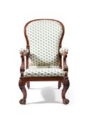 A VICTORIAN OAK AND UPHOLSTERED ADJUSTABLE RECLINING ARMCHAIR, BY ROBERT DAWS, CIRCA 1840
