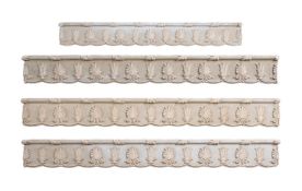 ANOTHER SET OF FOUR PAINTED PLASTER AND WOOD CURTAIN PELMETS, 20TH CENTURY IN THE REGENCY STYLE