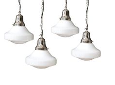 A SET OF FOUR 'THE CHARLES' NICKEL PLATED AND OPALINE GLASS PENDANT LIGHTS, BY DREW PRITCHARD LTD