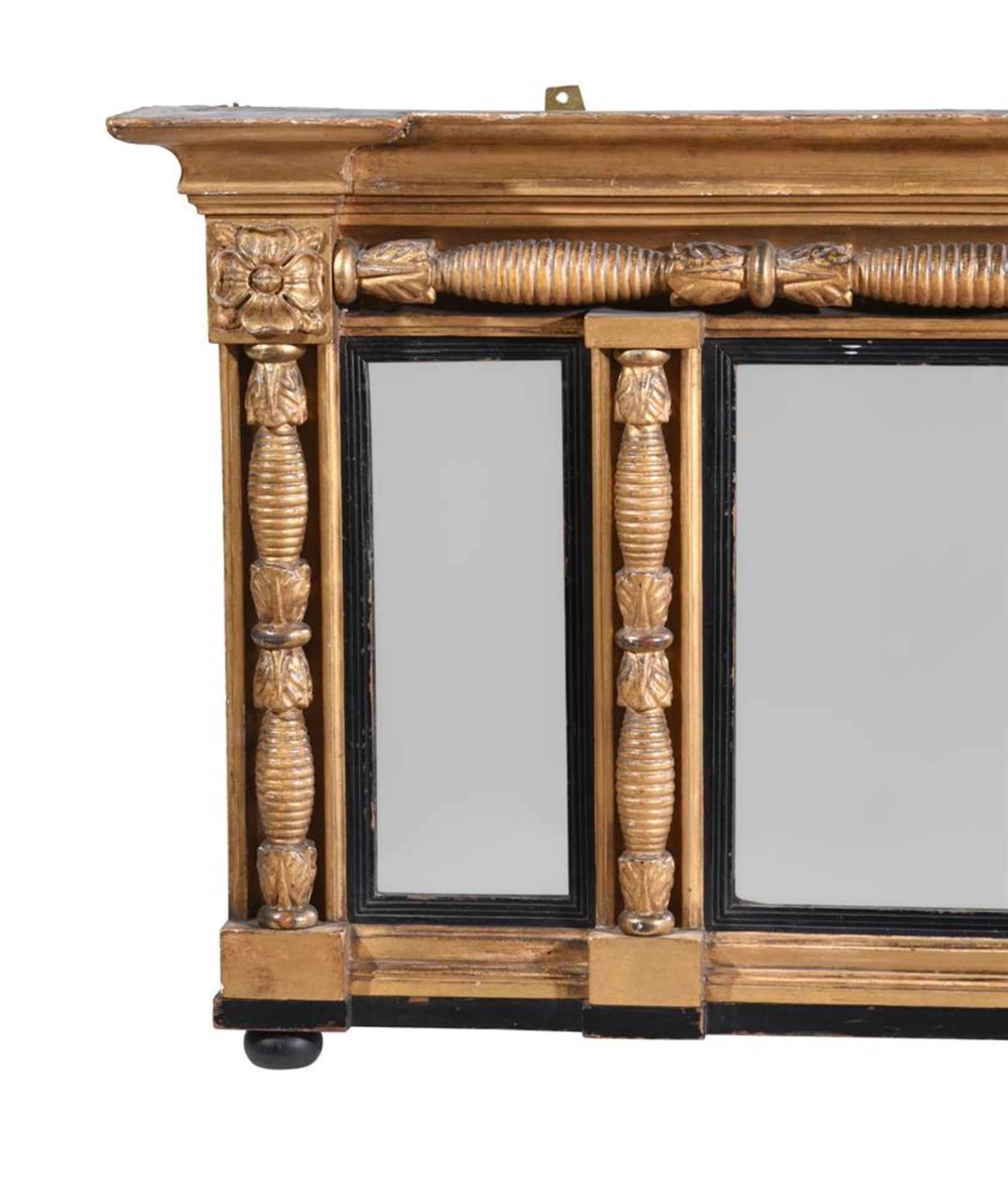 A REGENCY CARVED GILTWOOD, GESSO AND EBONISED TRIPTYCH OVERMANTLE MIRROR, CIRCA 1820 - Bild 2 aus 4