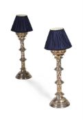 ANOTHER PAIR OF SILVER PLATED TABLE LAMPS, AFTER DESIGNS BY WILLIAM BURGES