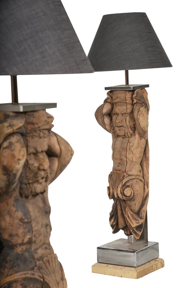 A PAIR OF CARVED WALNUT FIGURAL LAMPS, 19TH CENTURY - Image 3 of 3