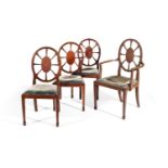 A SET OF FOUR MAHOGANY AND LINE INLAID DINING CHAIRSAFTER A DESIGN BY SIR EDWIN LUTYENS