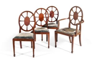 A SET OF FOUR MAHOGANY AND LINE INLAID DINING CHAIRSAFTER A DESIGN BY SIR EDWIN LUTYENS