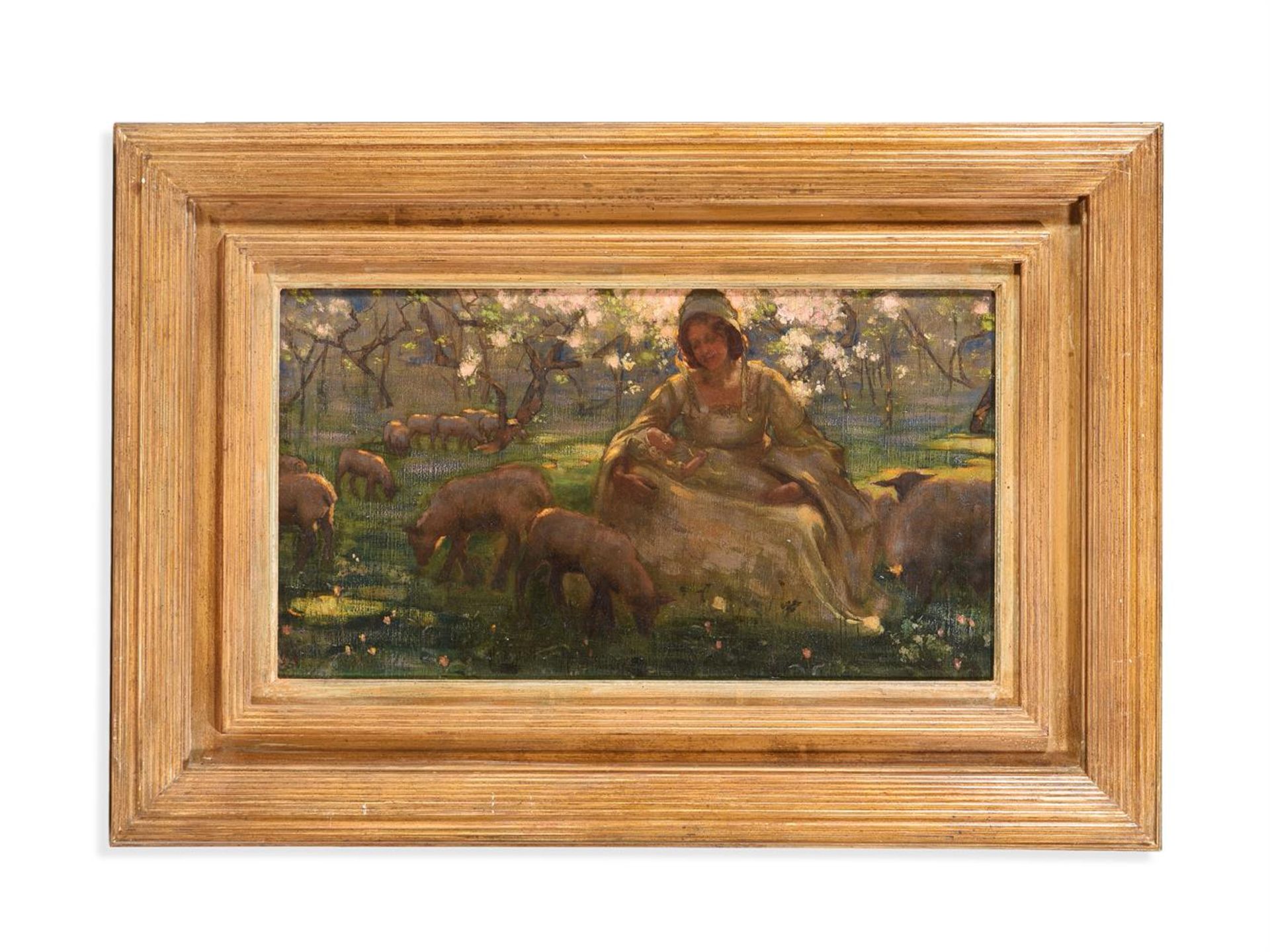 ENGLISH SCHOOL (19TH CENTURY), MOTHER AND CHILD IN AN ORCHARD WITH SHEEP