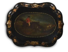 A VICTORIAN EBONISED PAINTED AND PARCEL GILT DECORATED PAPIER MÂCHÉ TRAY, LATE 19TH CENTURY