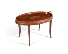 Y A GEORGE III MAHOGANY, TULIPWOOD CROSSBANDED AND MARQUETRY TRAY ON STAND, CIRCA 1800