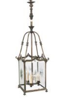 A LARGE BRASS AND GLASS HALL LANTERN, LATE 19TH OR EARLY 20TH CENTURY