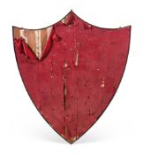 A LARGE OAK DISPLAY BOARD IN THE FORM OF A SHIELD, 20TH CENTURY