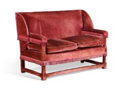 A RED VELVET UPHOLSTERED SOFA, ATTRIBUTED TO LENYGON & MORANT, EARLY 20TH CENTURY