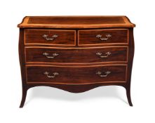 Y A MAHOGANY, SATINWOOD AND EBONY STRUNG SERPENTINE COMMODE, LATE 19TH CENTURY