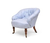 A VICTORIAN WALNUT AND UPHOLSTERED TUB ARMCHAIR, BY HOWARD & SONS, 19TH CENTURY