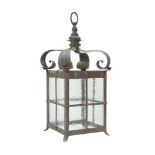 A PATINATED COPPER HALL LANTERN IN ARTS & CRAFTS STYLE, CIRCA 1920