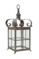 A PATINATED COPPER HALL LANTERN IN ARTS & CRAFTS STYLE, CIRCA 1920