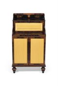 AN UNUSUAL REGENCY BLACK LACQUER AND POLYCHROME DECORATED SIDE CABINET, CIRCA 1820