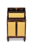 AN UNUSUAL REGENCY BLACK LACQUER AND POLYCHROME DECORATED SIDE CABINET, CIRCA 1820