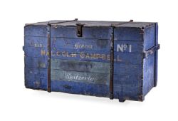 SIR MALCOLM CAMPBELL'S BLUEBIRD A LARGE PAINTED WOOD AND IRON BOUND ENGINEER'S CHEST