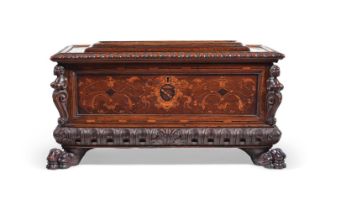 AN ITALIAN WALNUT AND MARQUETRY TABLE TOP CASSONE, 17TH OR EARLY 18TH CENTURY