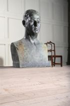 P MONACO, A MONUMENTAL VERDIGRIS PATINATED BRONZE BUST OF A MANITALIAN, 20TH CENTURY