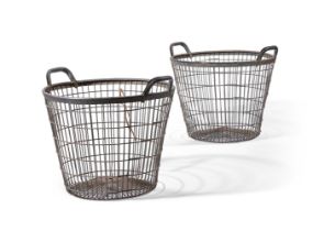 A PAIR OF GALVANISED METAL TWIN HANDLED BASKETS, 20TH CENTURY