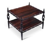 Y AN INDIAN ROSEWOOD TWO TIER ETAGERE OR WHATNOT, EARLY 20TH CENTURY