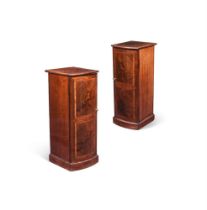 Y A PAIR OF GEORGE III MAHOGANY AND TULIPWOOD CROSSBANDED BOWFRONT BEDSIDE CUPBOARDS