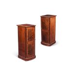 Y A PAIR OF GEORGE III MAHOGANY AND TULIPWOOD CROSSBANDED BOWFRONT BEDSIDE CUPBOARDS